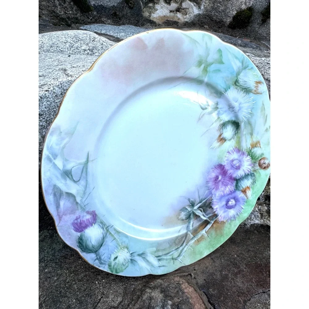 Antique C.T. Germany Hand Painted Thistle Porcelain Plate Scalloped Gold Rim 9